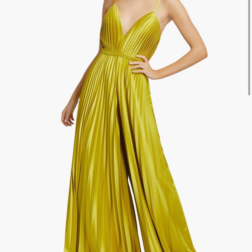 Mac Duggal Pleated V-Neck Wide-Leg Jumpsuit in Chartreuse